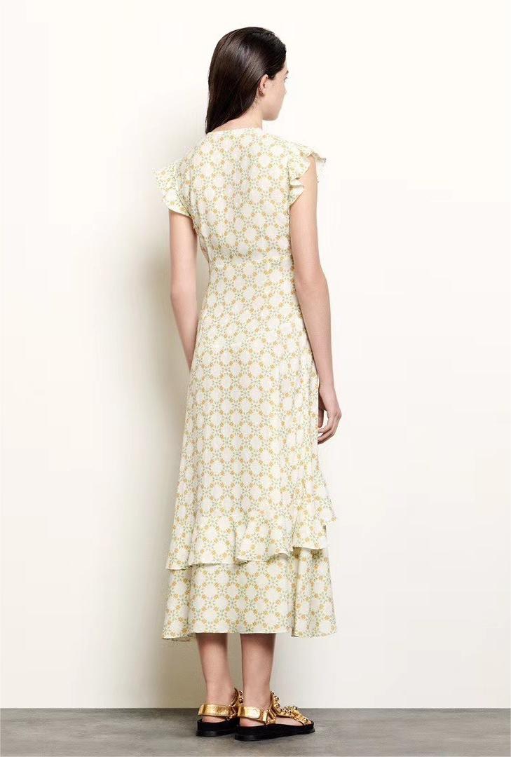 Floral Jacquard V-Neck Ruffle Midi Dress