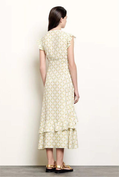 Floral Jacquard V-Neck Ruffle Midi Dress