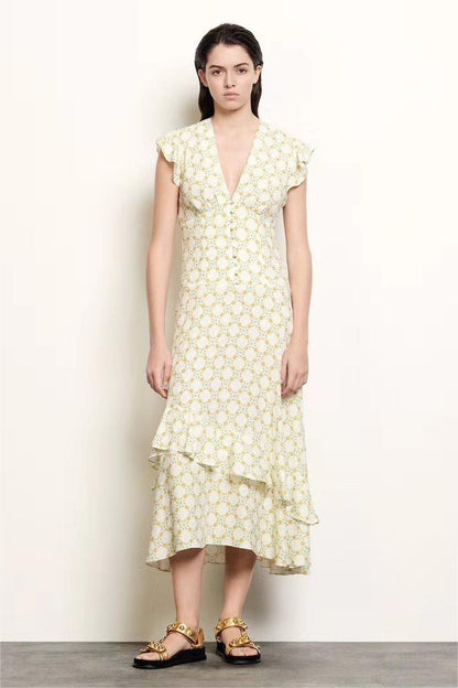 Floral Jacquard V-Neck Ruffle Midi Dress