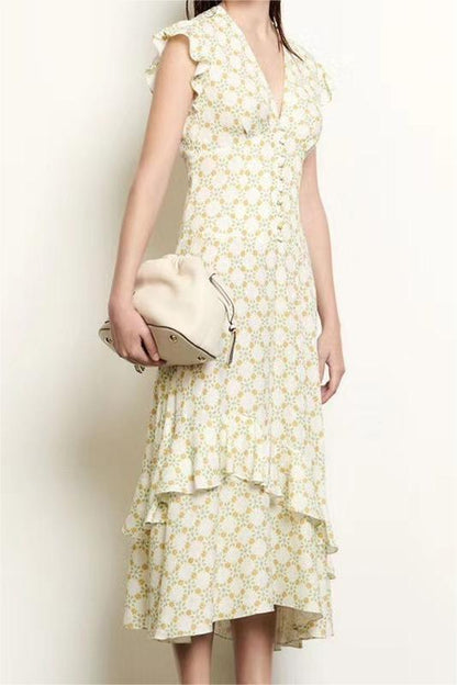 Floral Jacquard V-Neck Ruffle Midi Dress