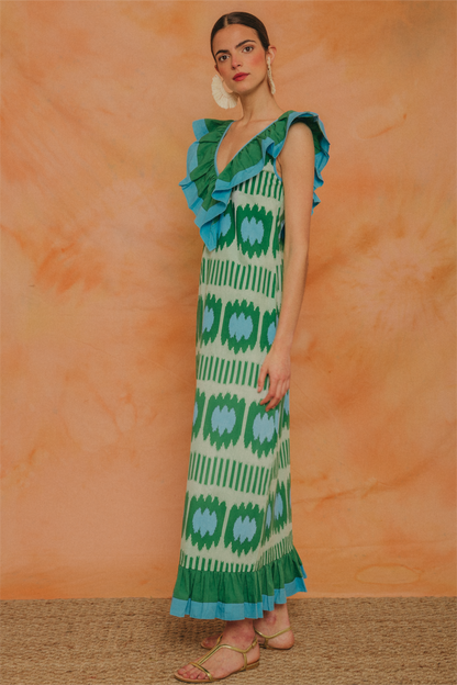 V-Neck Ruffle Sleeveless Maxi Dress