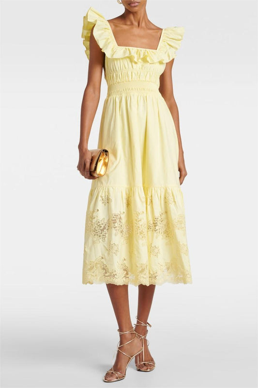 Lace Embroidered Frill Sleeveless Midi Dress
