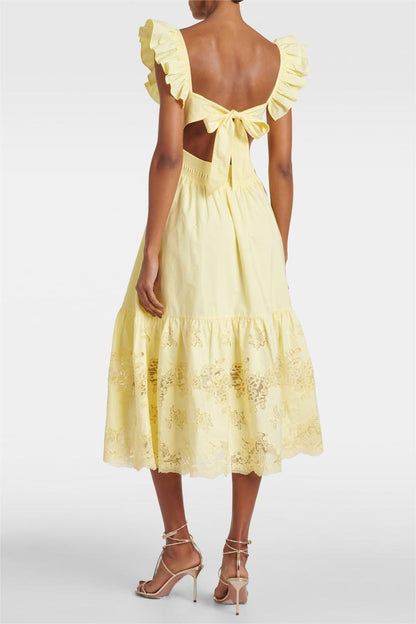 Lace Embroidered Frill Sleeveless Midi Dress