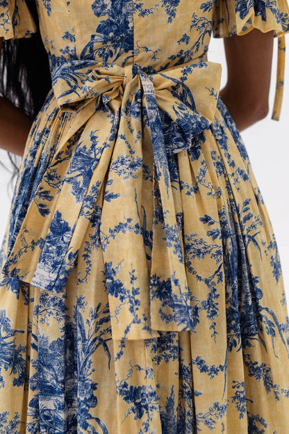 Floral Square Collar Puff Sleeve Midi Dress