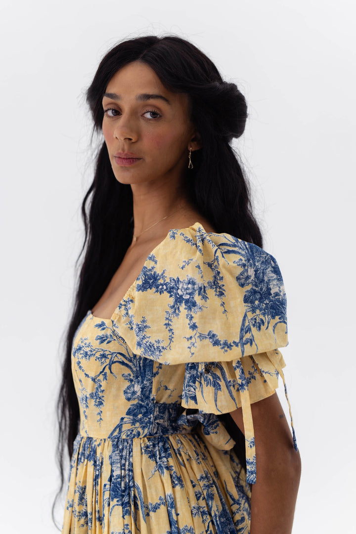 Floral Square Collar Puff Sleeve Midi Dress