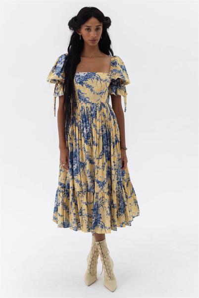 Floral Square Collar Puff Sleeve Midi Dress
