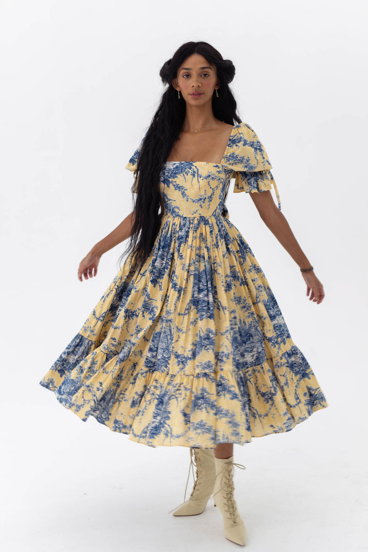 Floral Square Collar Puff Sleeve Midi Dress