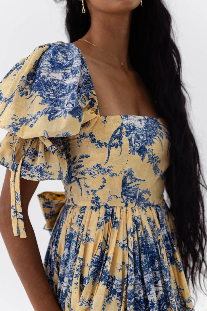 Floral Square Collar Puff Sleeve Midi Dress