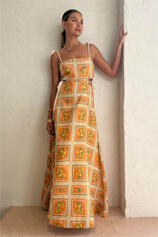 Fruit Print Sleeveless Midi Dress