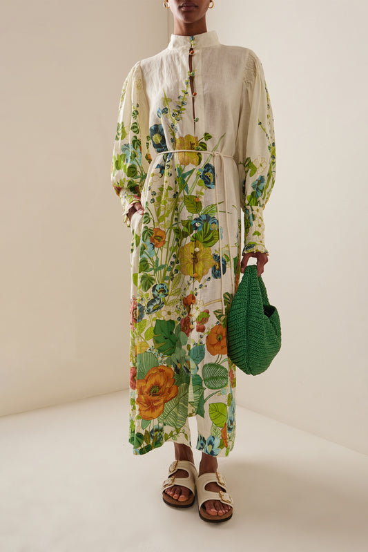 Floral Lantern Sleeve Bottom Midi Dress