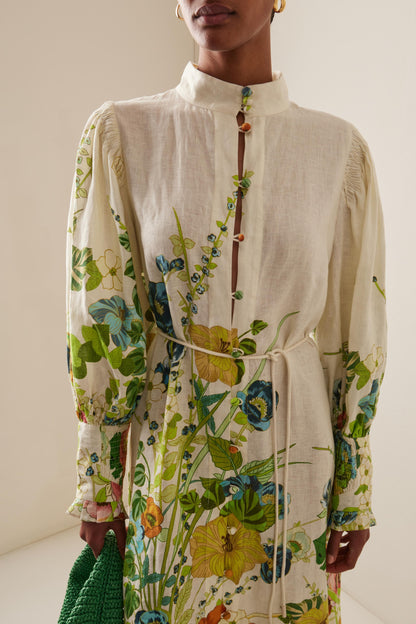 Floral Lantern Sleeve Bottom Midi Dress