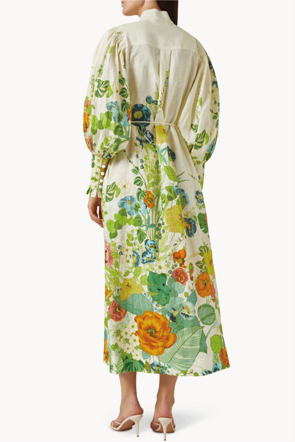 Floral Lantern Sleeve Bottom Midi Dress