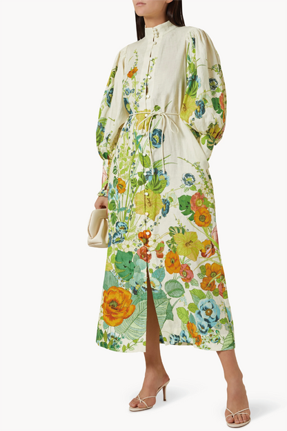 Floral Lantern Sleeve Bottom Midi Dress