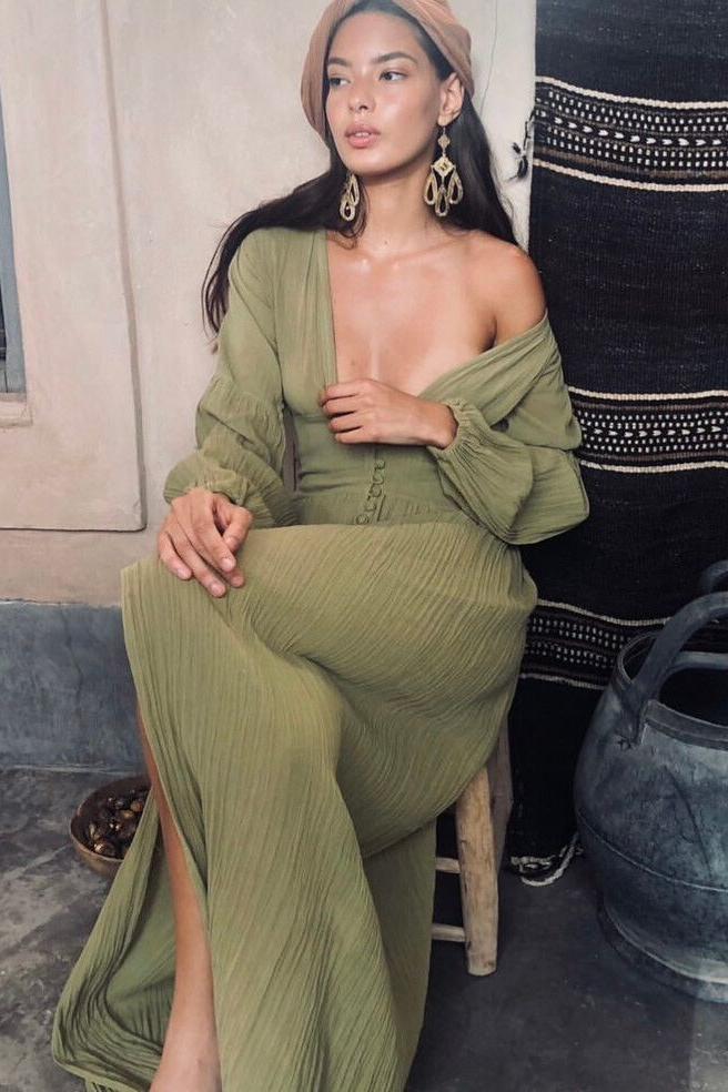 V-Neck Lantern Sleeve Button Midi Dress Green