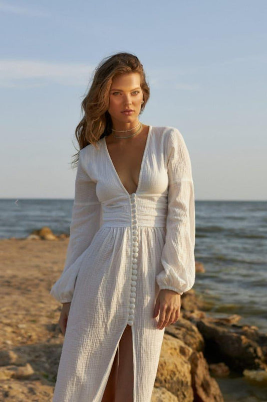 V-Neck Lantern Sleeve Button Midi Dress