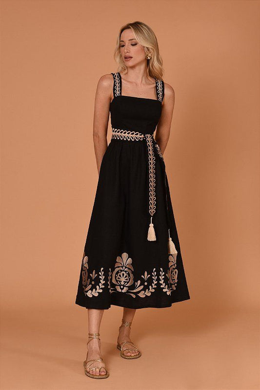 Embroidered Sleeveless Slip Midi Dress With Belt