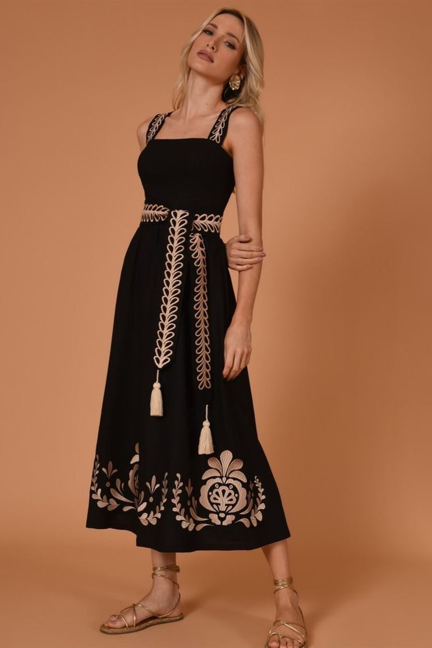 Embroidered Sleeveless Slip Midi Dress With Belt