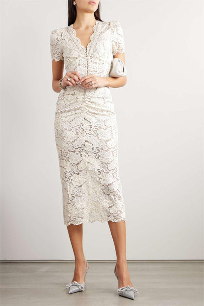Lace Rhinestone Ruched Midi Dress