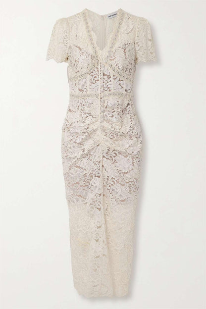 Lace Rhinestone Ruched Midi Dress