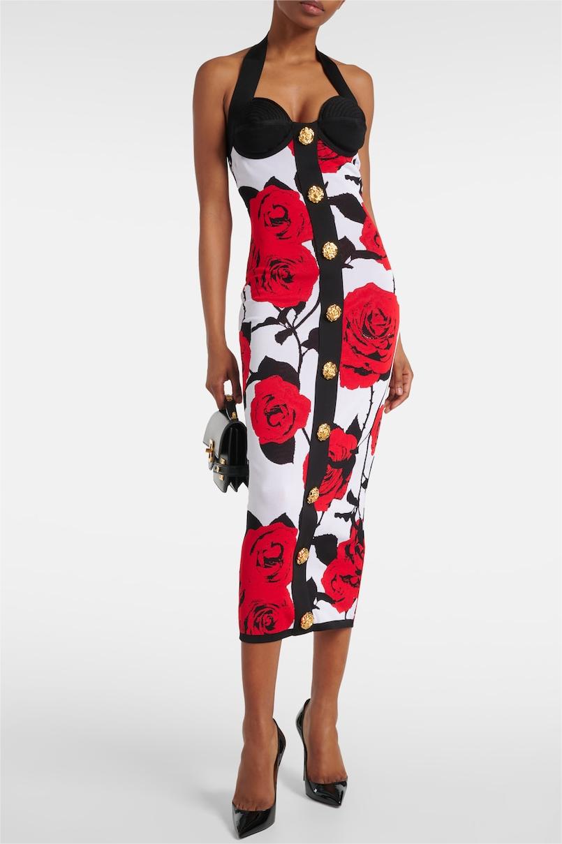 Knit Floral Metal Button Halter Neck Midi Dress