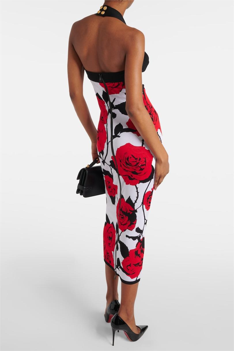 Knit Floral Metal Button Halter Neck Midi Dress