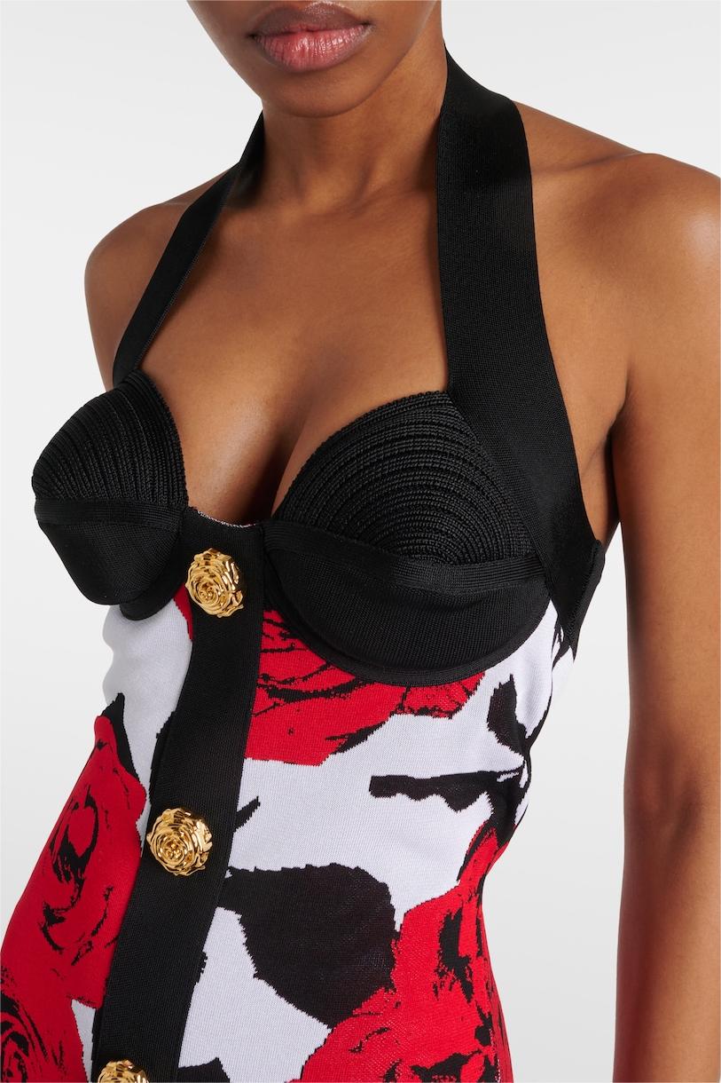 Knit Floral Metal Button Halter Neck Midi Dress