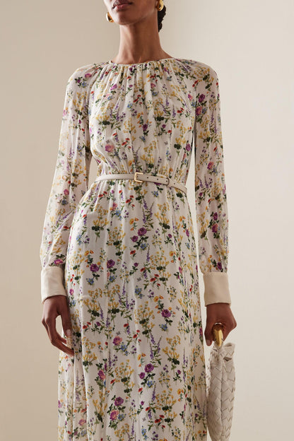 Floral Pleat Round Neck Maxi Dress With Belt