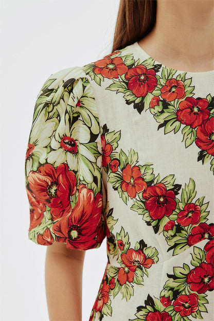 Floral Puff Sleeve Round Neck Midi Dress