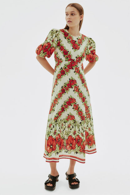 Floral Puff Sleeve Round Neck Midi Dress