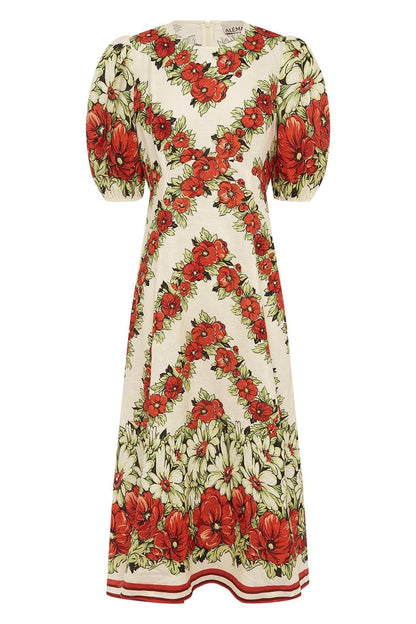 Floral Puff Sleeve Round Neck Midi Dress