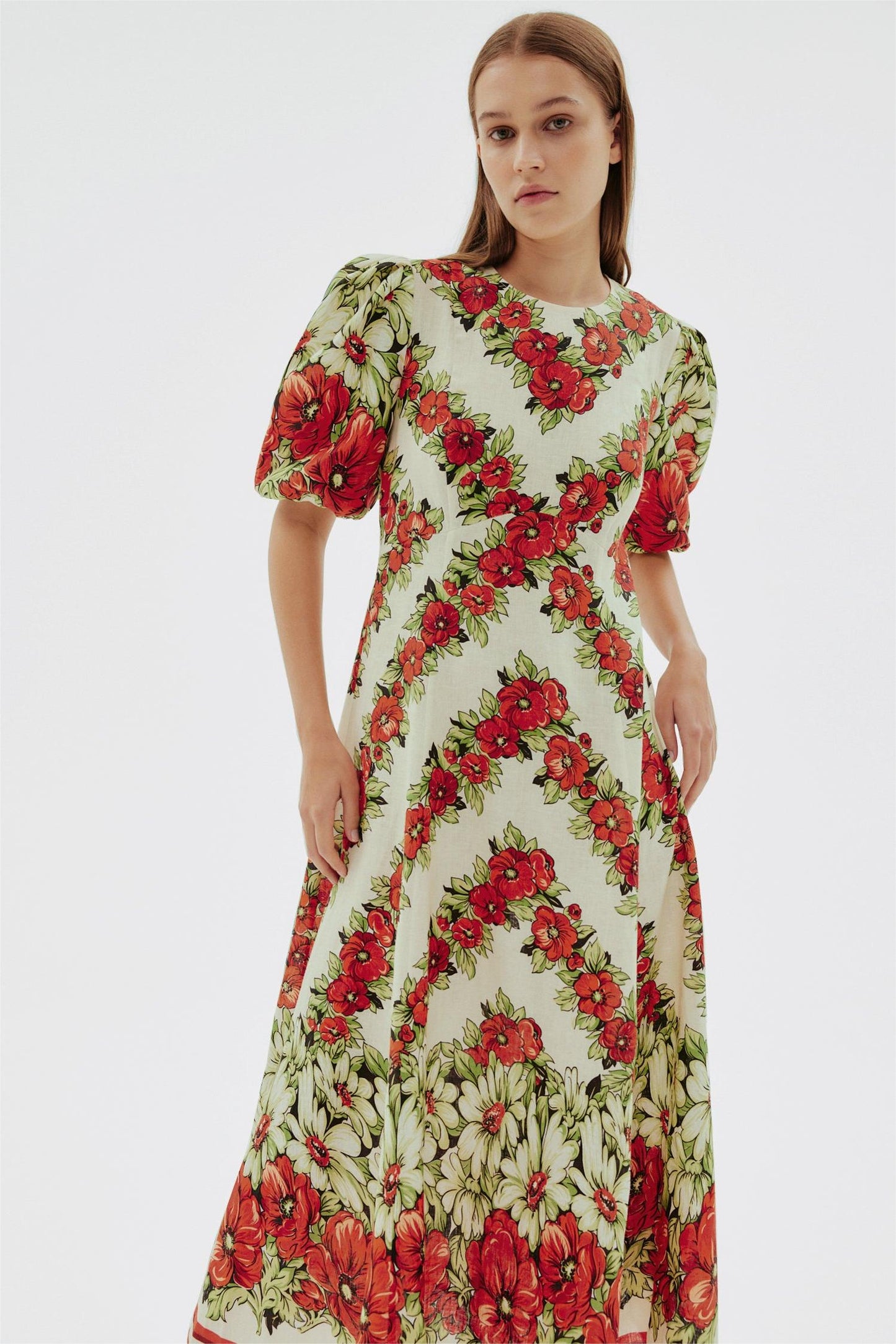 Floral Puff Sleeve Round Neck Midi Dress