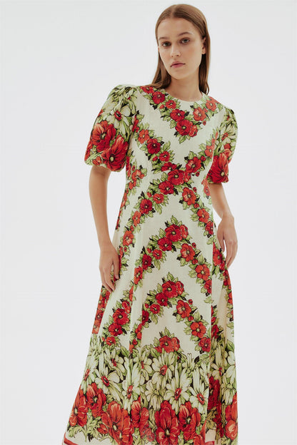Floral Puff Sleeve Round Neck Midi Dress
