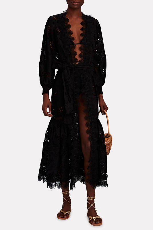 Lace Lantern Sleeve Midi Dress With Belt