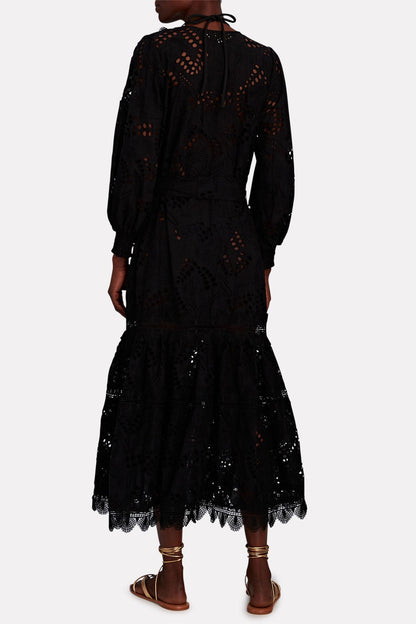Lace Lantern Sleeve Midi Dress With Belt