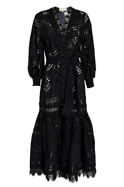 Lace Lantern Sleeve Midi Dress With Belt