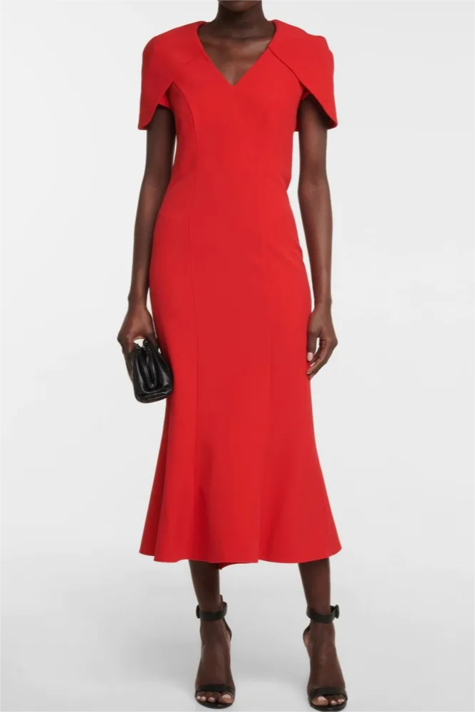 Solid V-Neck Shawl Midi Dress