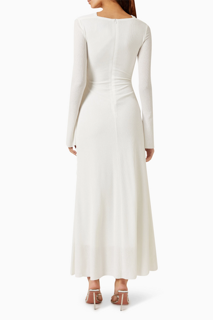 Knit Ruched Long Sleeve Maxi Dress White