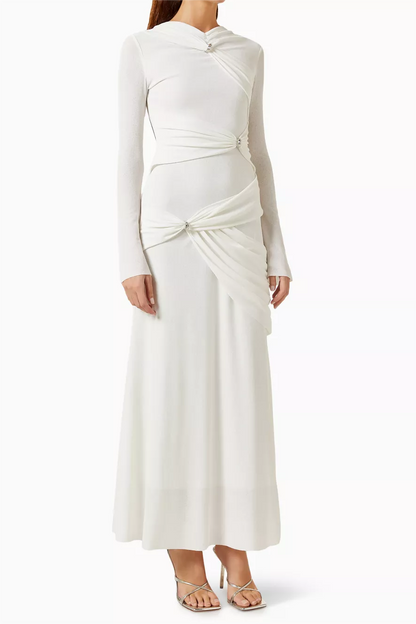 Knit Ruched Long Sleeve Maxi Dress White