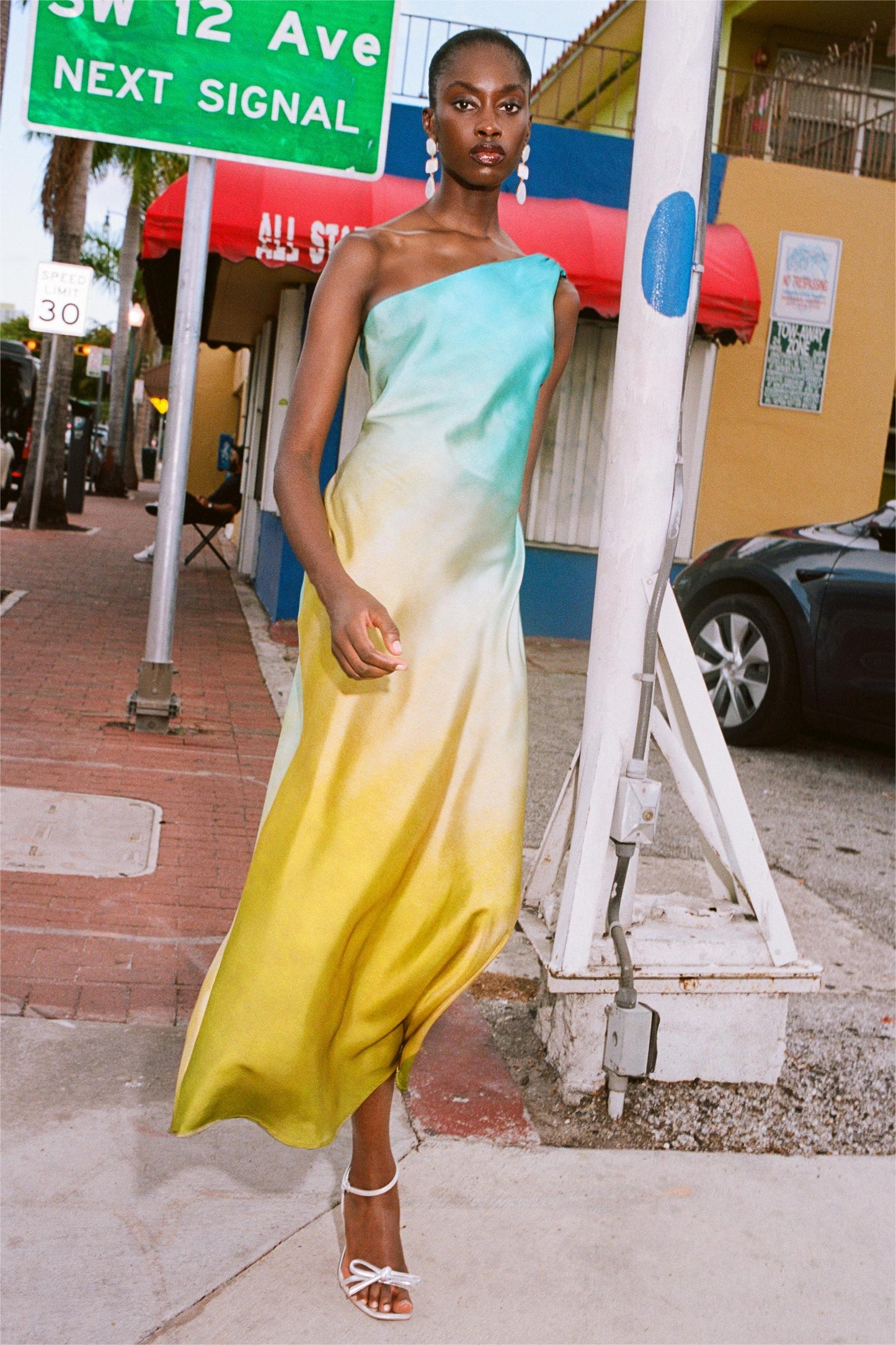 Satin Tie Dye One-Shoulder Midi Dress