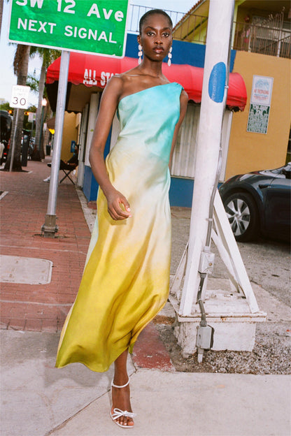 Satin Tie Dye One-Shoulder Midi Dress