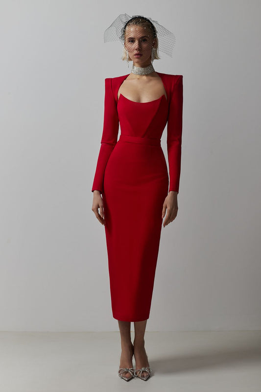 Jersey Solid Long Sleeve Midi Dress