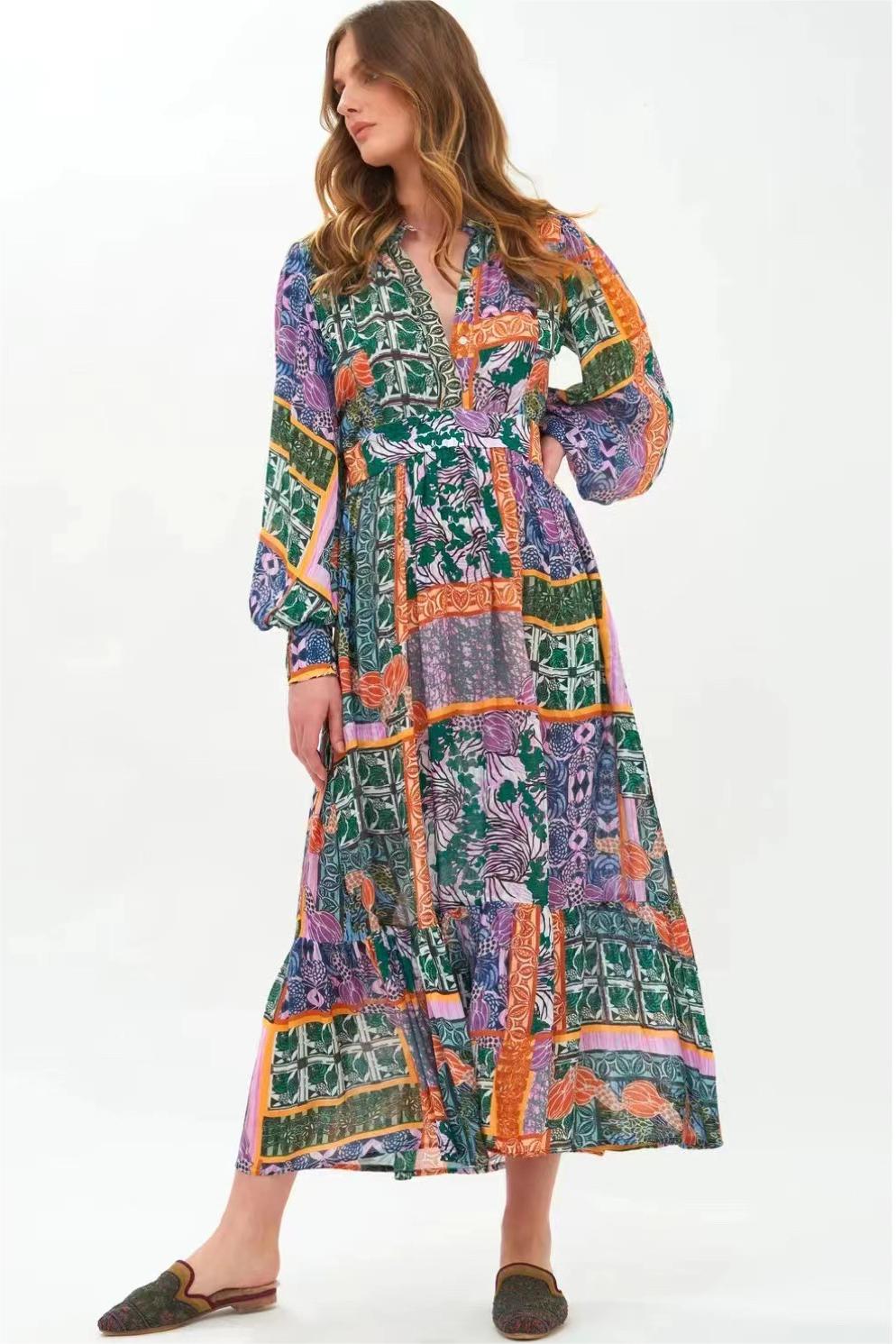 Patchwork Print Stand Collar Lantern Sleeve Midi Dress