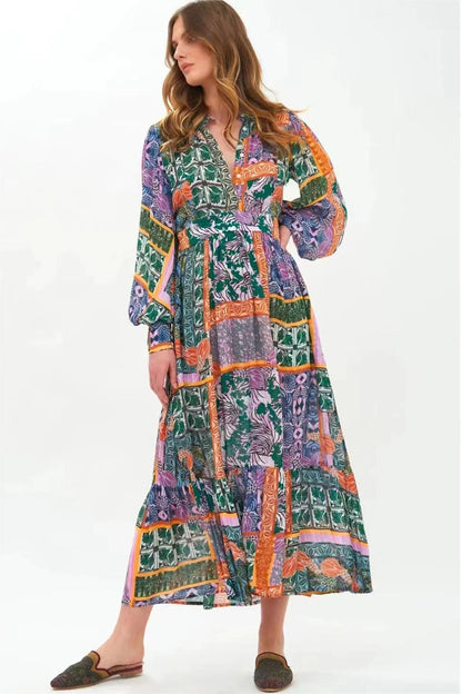 Patchwork Print Stand Collar Lantern Sleeve Midi Dress