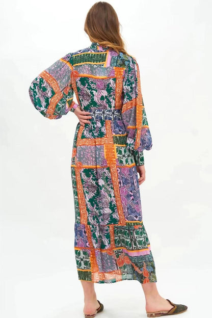 Patchwork Print Stand Collar Lantern Sleeve Midi Dress