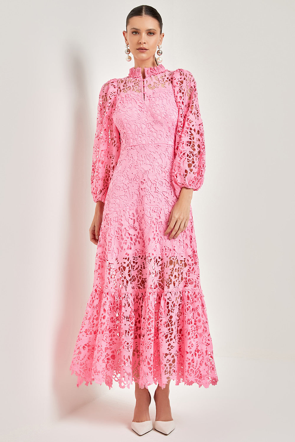 Lace Embroidered Long Sleeve Midi Dress Pink