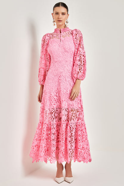 Lace Embroidered Long Sleeve Midi Dress Pink