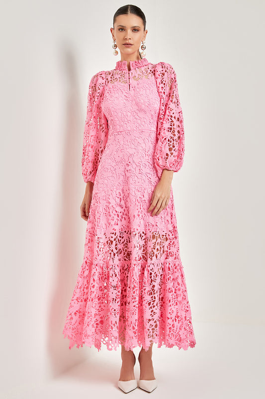 Lace Embroidered Long Sleeve Midi Dress Pink