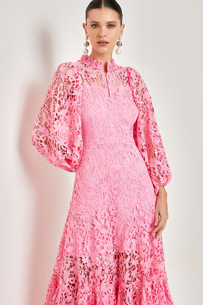 Lace Embroidered Long Sleeve Midi Dress Pink