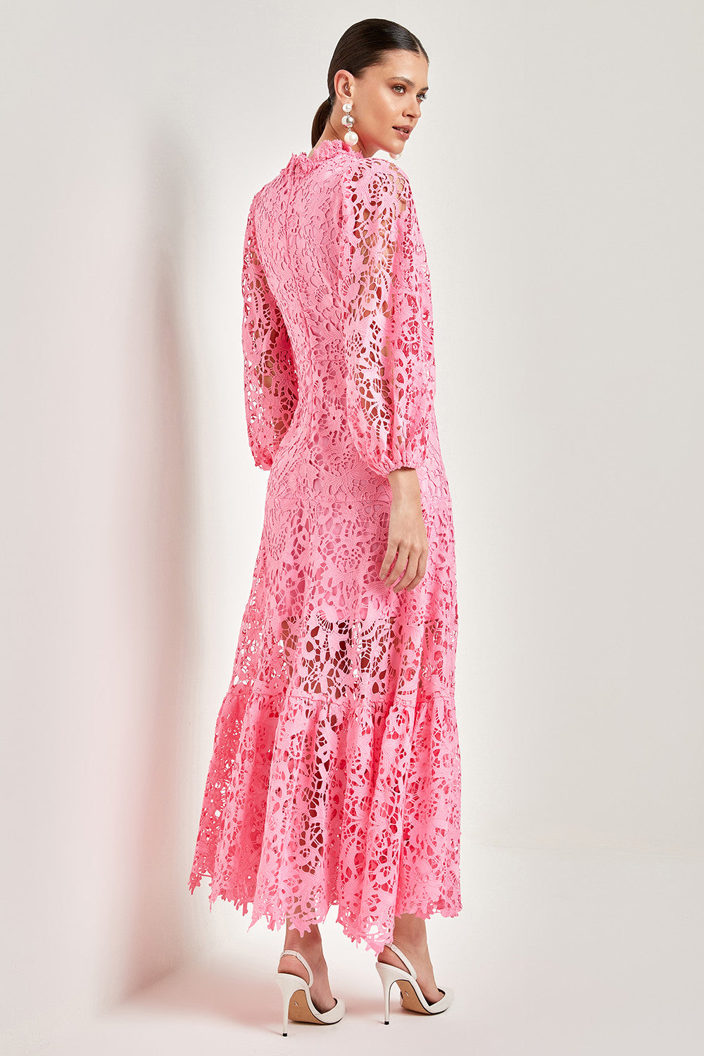 Lace Embroidered Long Sleeve Midi Dress Pink