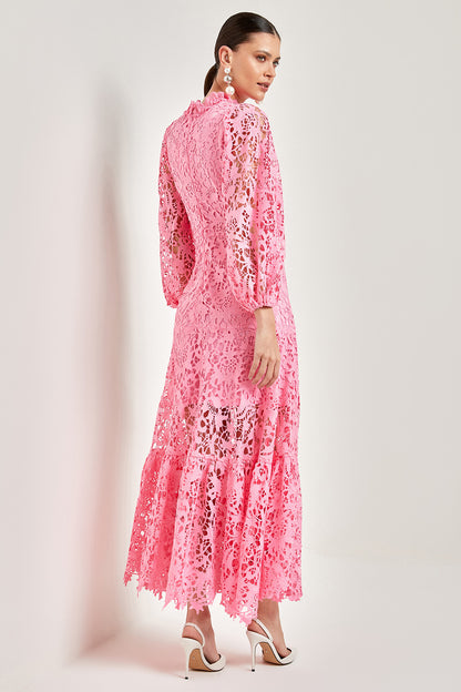 Lace Embroidered Long Sleeve Midi Dress Pink